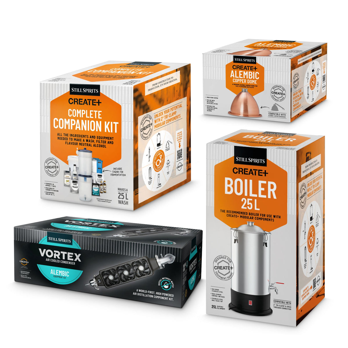 Vortex alembic complete distillery kit: pot still, copper dome, boiler, fermenter and companion kit