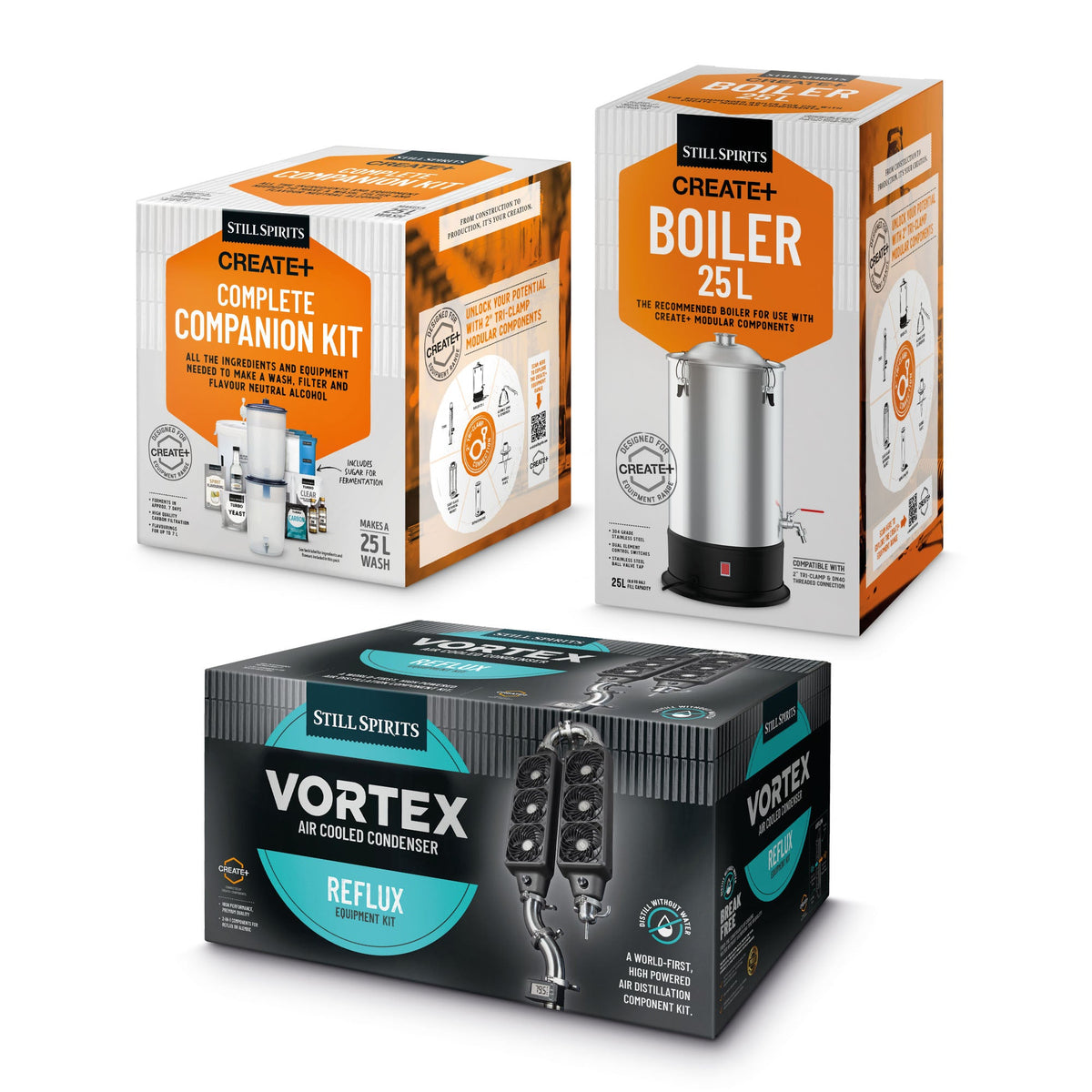 Vortex reflux complete distillery kit: still, boiler, fermenter and companion kit