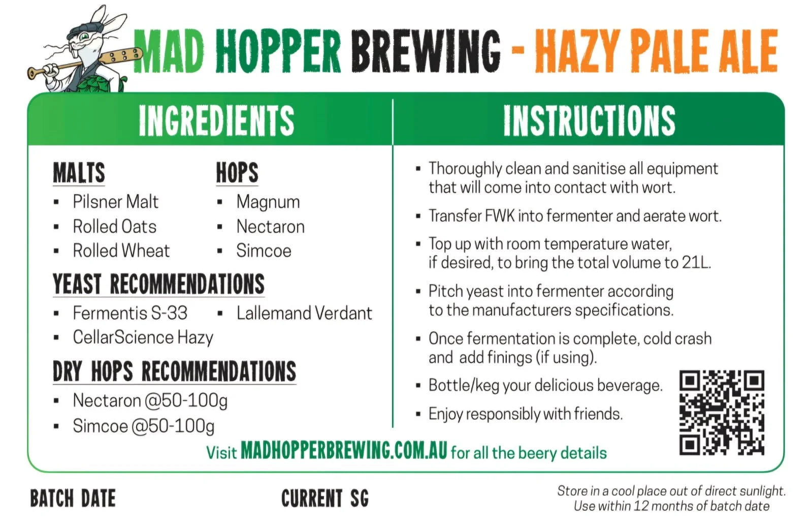 Mad Hopper Hazy Pale Ale Fresh Wort Kit, back label