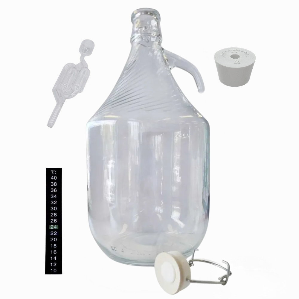 Glass Bottle Demijohn 5L with bung, airlock and thermometer — wine making kit and supplies