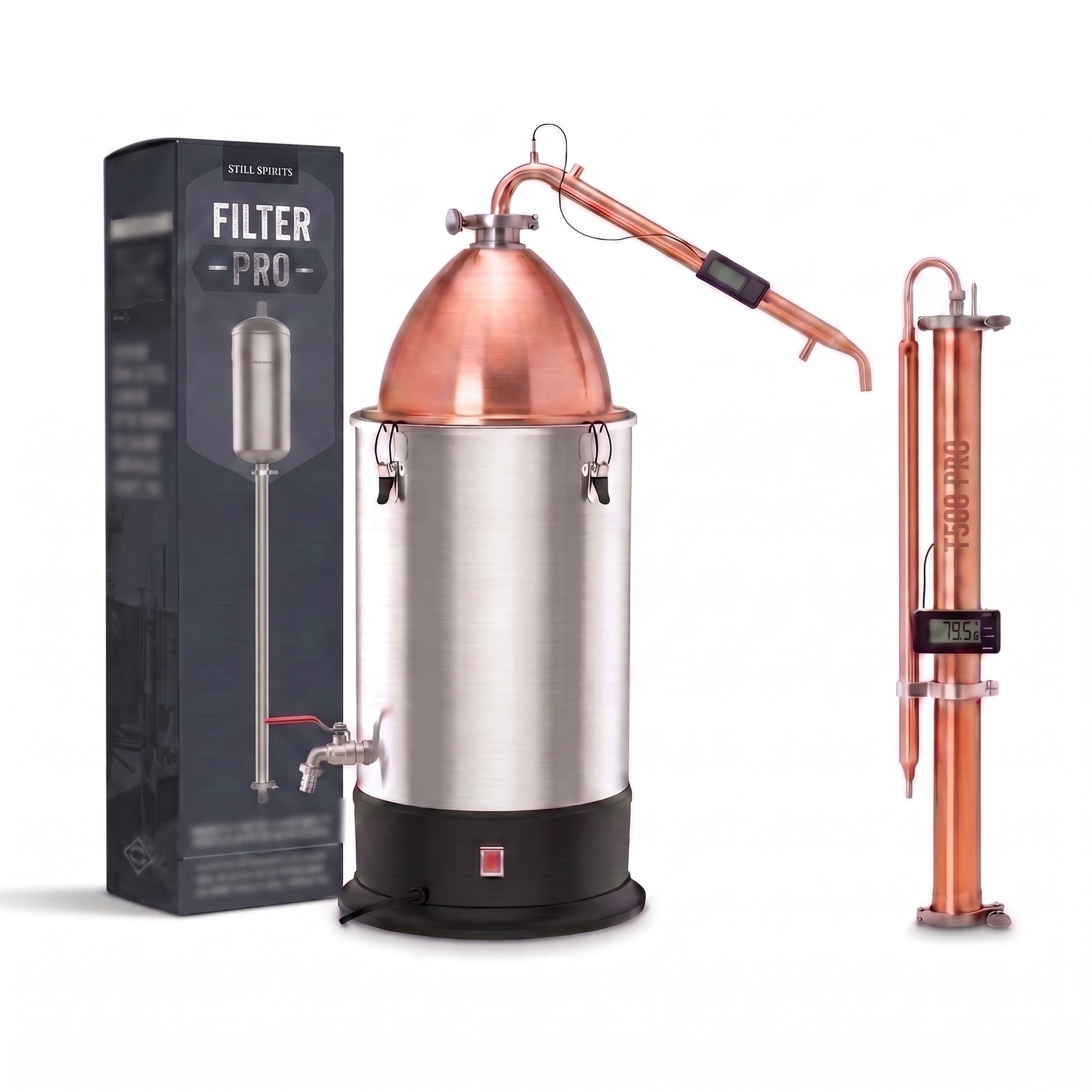  Ultimate T500 Pro distilling system - boiler with copper alembic dome, T500 Pro reflux column and Filter
  Pro box