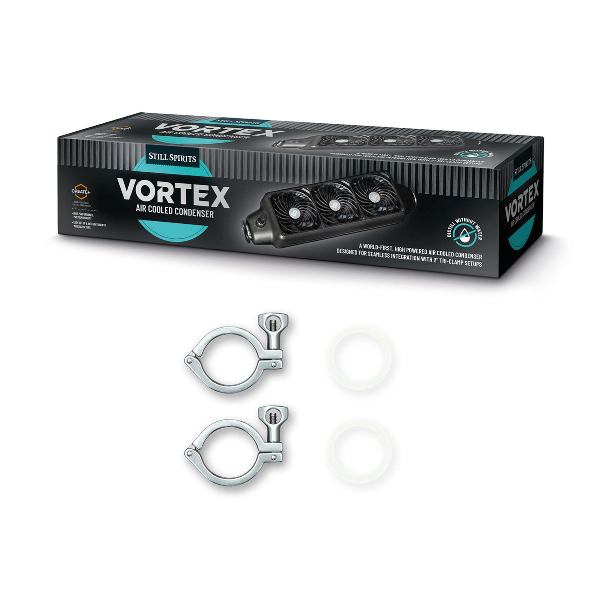 Vortex air cooled condenser with two tri-clamps and two gaskets