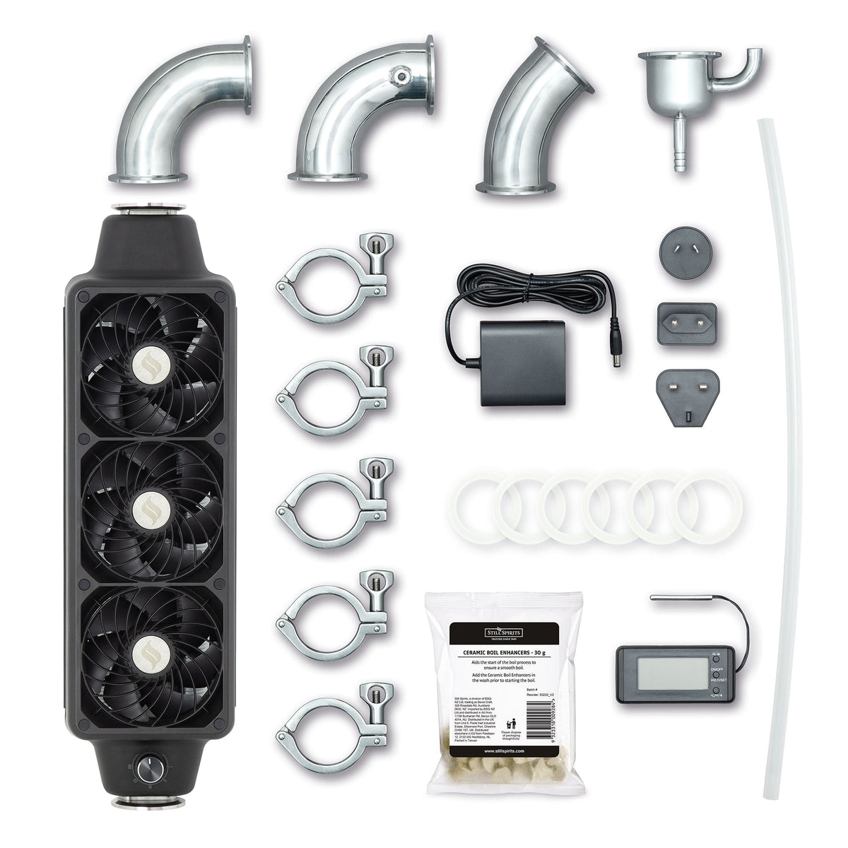 Vortex alembic kit parts: module, elbows, thermometer, collection cup, clamps