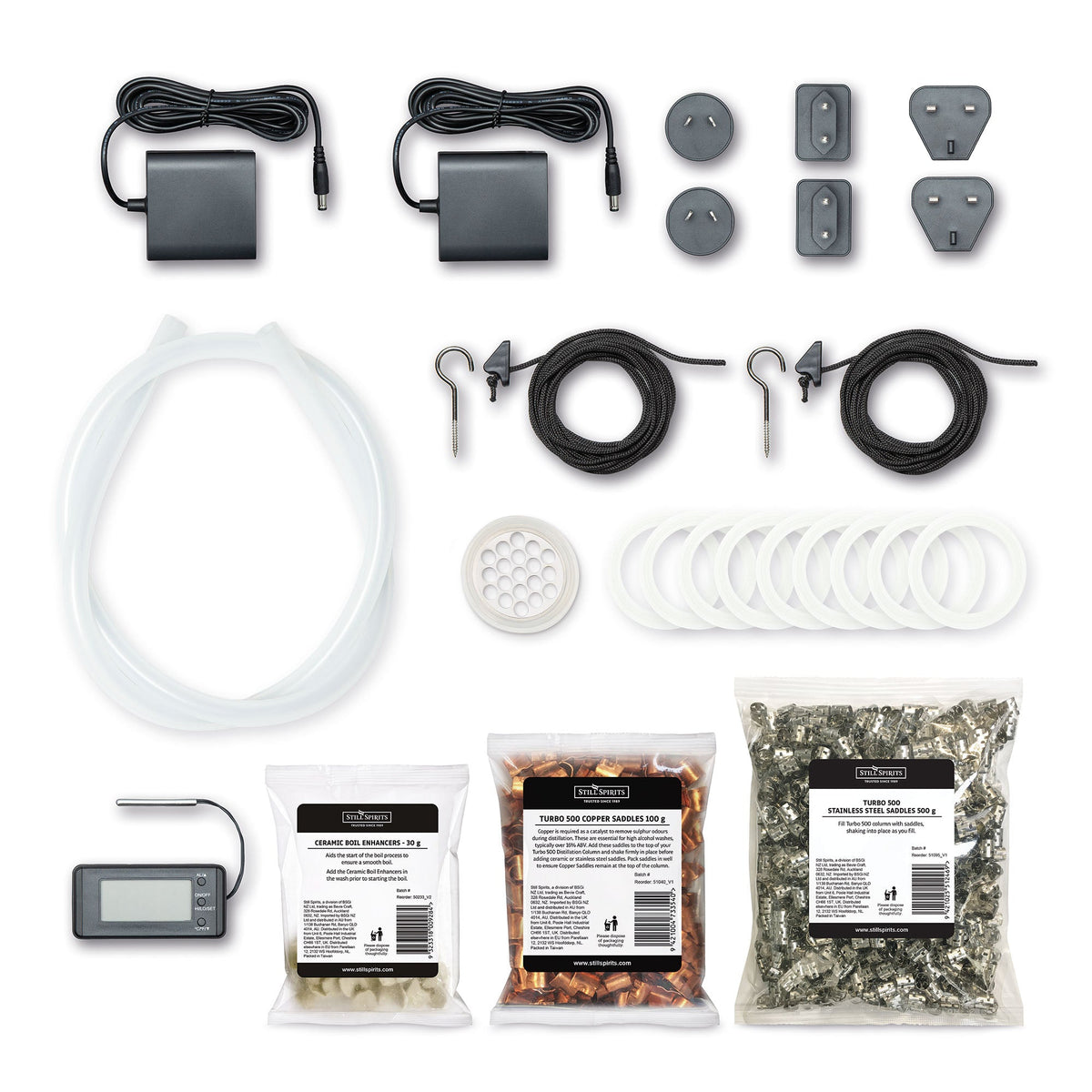 Vortex reflux kit parts laid out: modules, column section, elbows, clamps